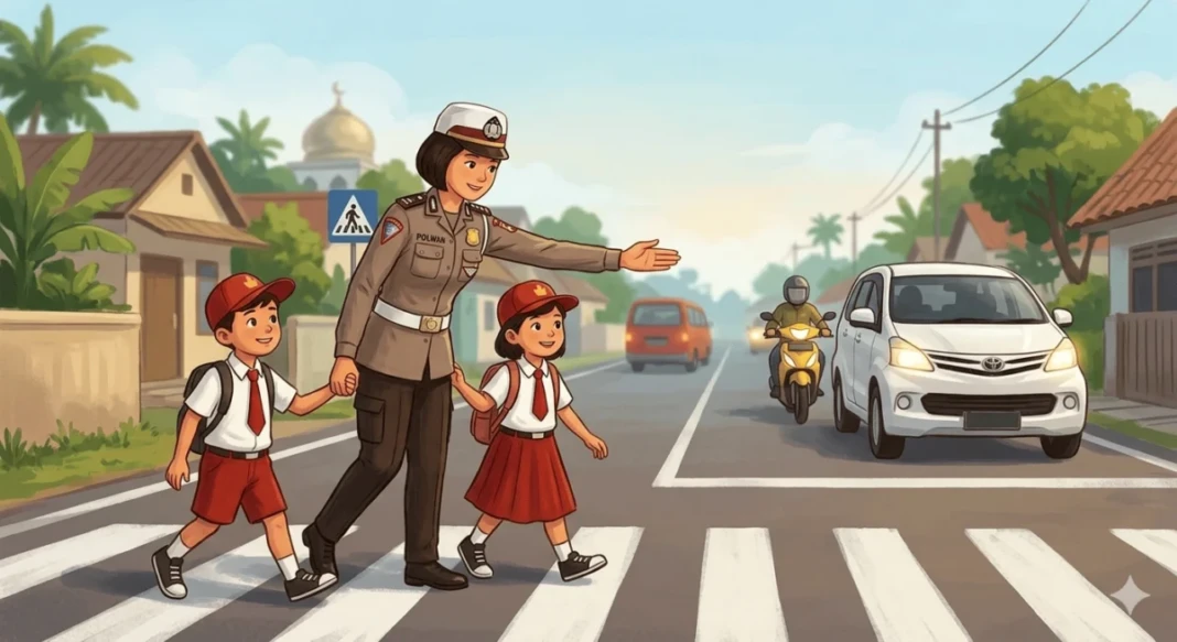 Ilustrasi menyebrangkan anak sekolah
