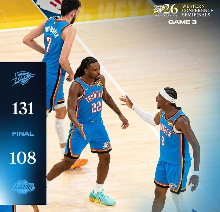 Oklahoma City Thunder kalahkan Los Angeles Lakers 131-108 pada Game 3 semifinal Wilayah Barat NBA 2026. dok/okcthunder