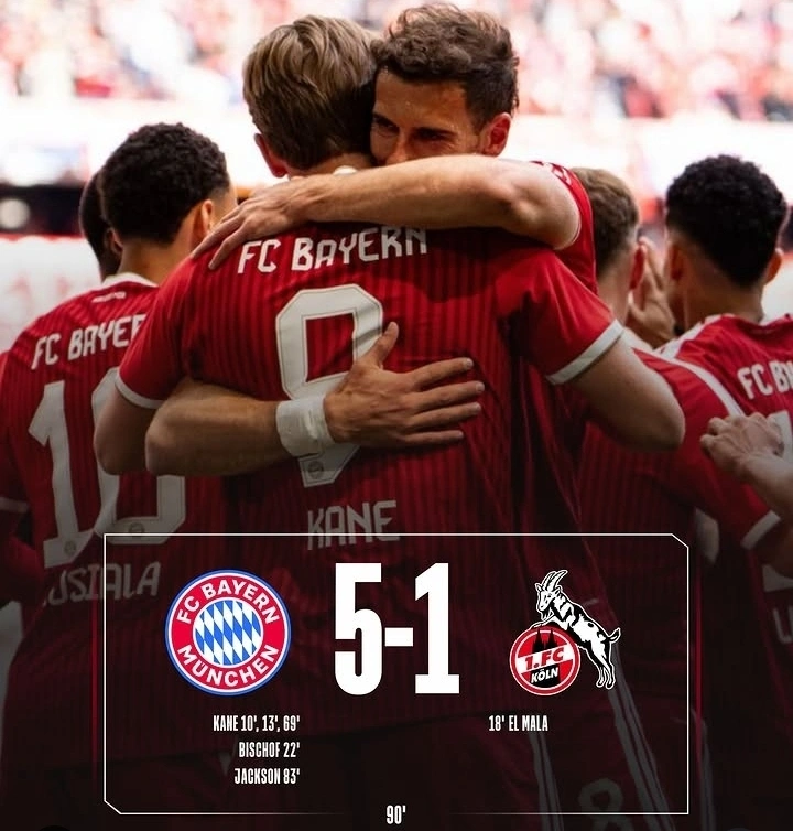 Bayern Munich menang telak 5-1 atas FC Köln di Bundesliga 2025/2026. Harry Kane mencetak hattrick dalam laga penutup musim di Allianz Arena dengan dominasi total Bayern.