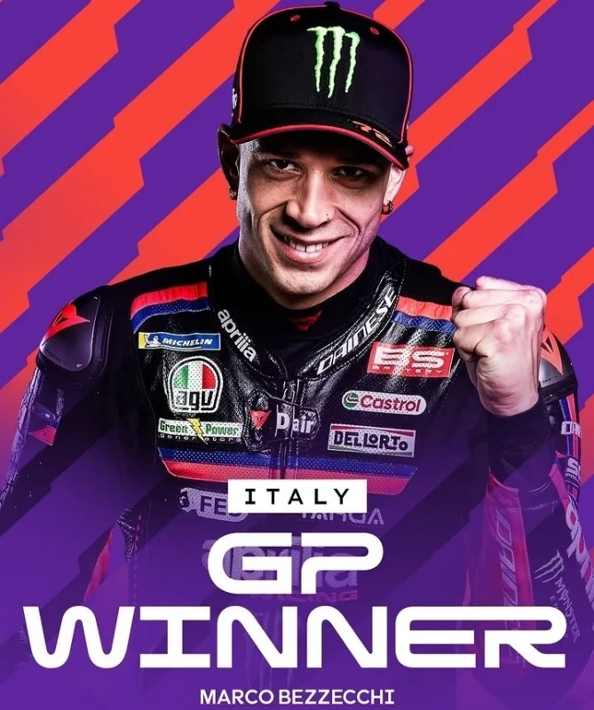 Marco Bezzecchi sukses memenangkan MotoGP Italia 2026 di Mugello usai mengalahkan Francesco Bagnaia dan Jorge Martin. Aprilia mencatat sejarah dengan finis satu-dua di kandang sendiri.