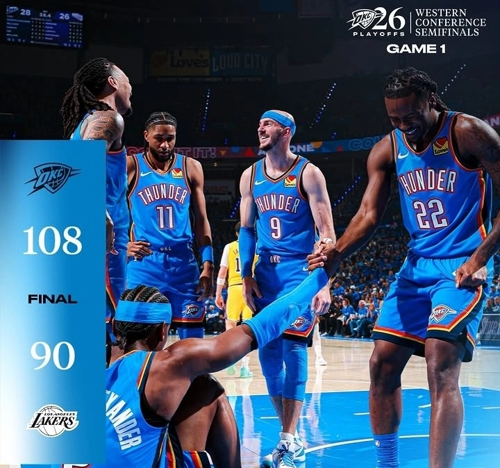 Oklahoma City Thunder mengalahkan Los Angeles Lakers 108-90 di Game 1 Semifinal Wilayah Barat NBA 2026. dok/okcthunder