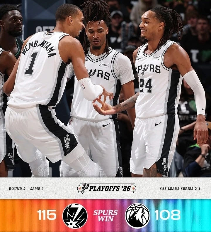 San Antonio Spurs unggul 2-1 atas Minnesota Timberwolves di Semifinal Wilayah Barat NBA 2026.