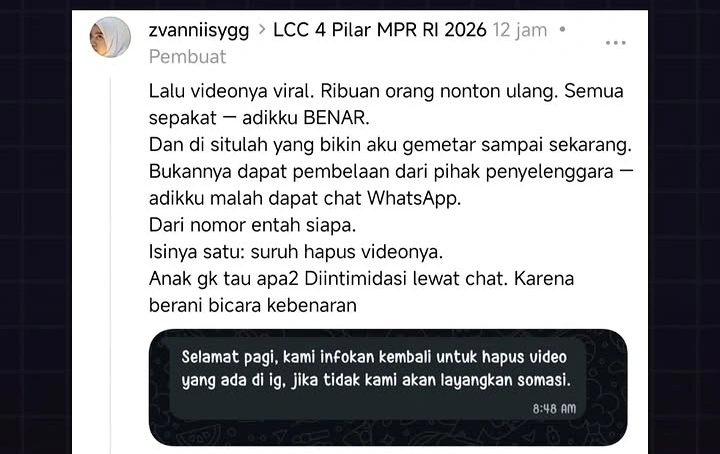 Keluarga Josepha, peserta LCC 4 Pilar MPR RI asal Pontianak, mengaku menerima pesan anonim usai video perdebatan jawaban lomba viral di media sosial.
