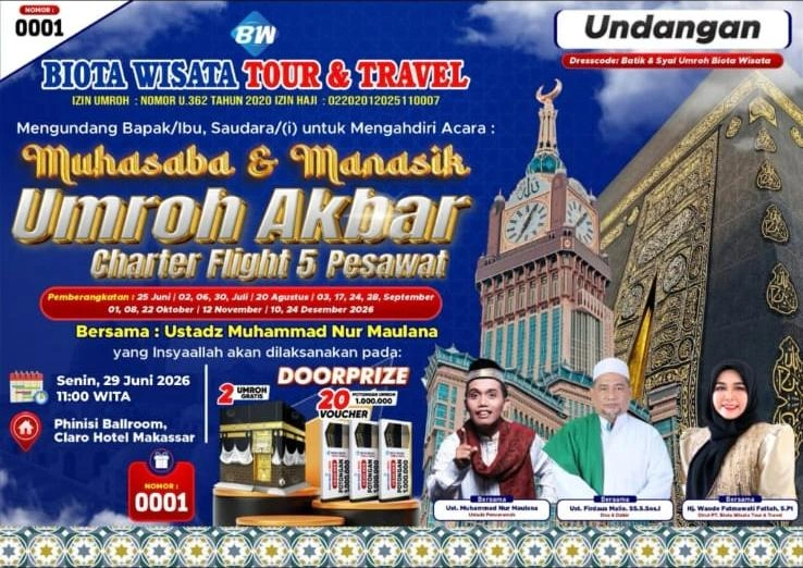 Poster Muhasaba dan Manasik Umroh Akbar Biota Wisata di Claro Hotel Makassar