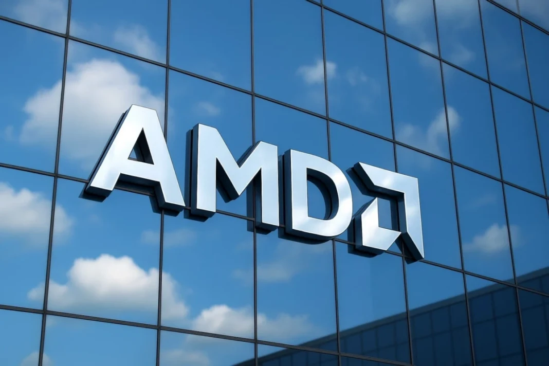 Logo AMD pada gedung perusahaan.