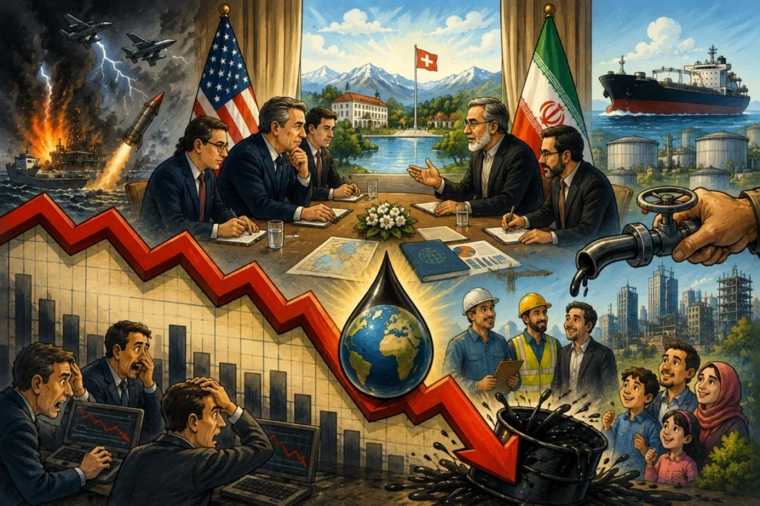 Diplomasi Iran–AS meredakan krisis energi global, harga minyak dunia pun merosot. (ilustrasi ChatGPT).