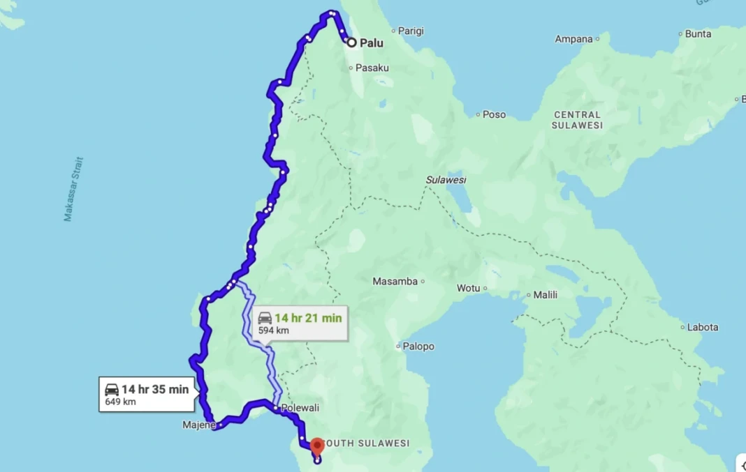 Estimasi jarak Palu-Pinrang sekitar 500-600 Km