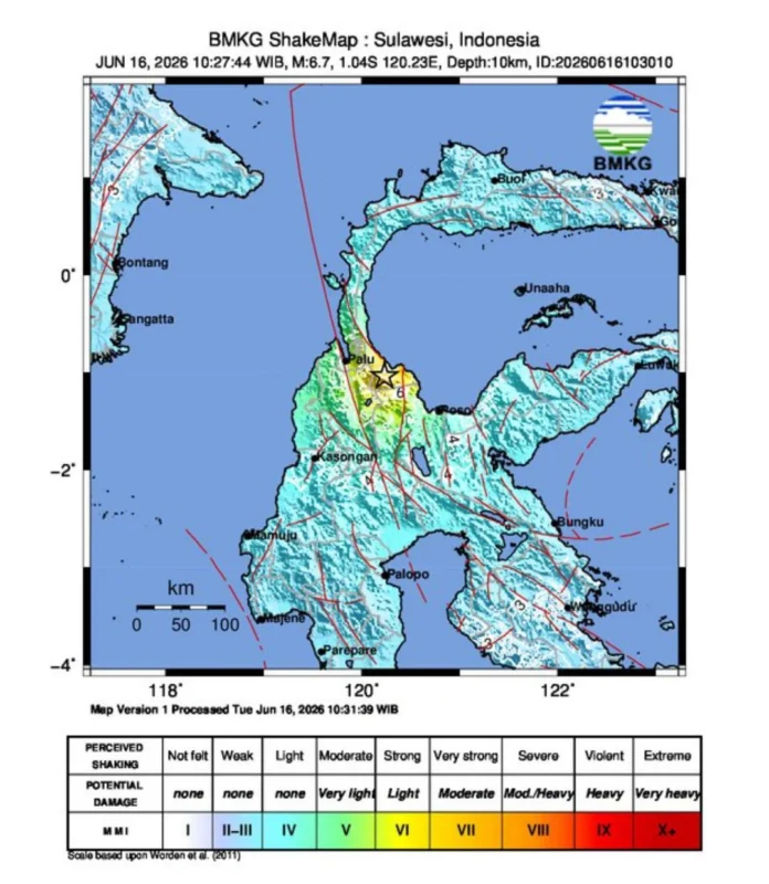 Gempa magnitudo 6,7 mengguncang wilayah Sulawesi pada Selasa (16:6:2026)