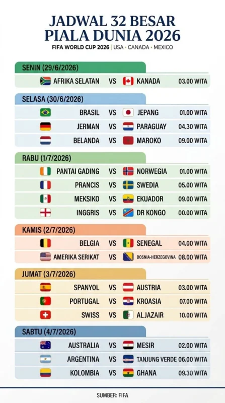 Jadwal Pertandingan 32 Besar Piala Dunia 2026