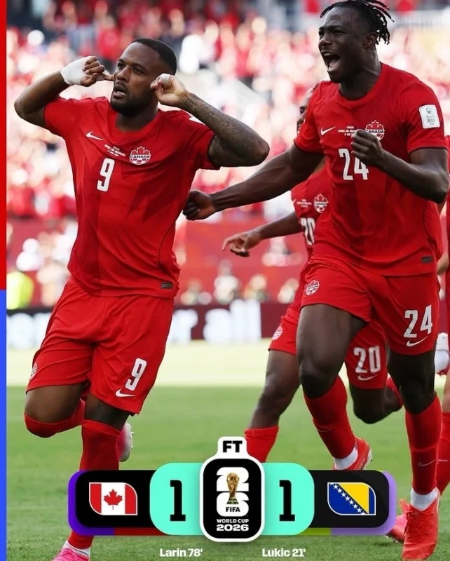 Kanada meraih poin pertama sepanjang sejarah Piala Dunia setelah bermain imbang 1-1 melawan Bosnia-Herzegovina di Grup B Piala Dunia 2026. Cyle Larin menjadi penyelamat tuan rumah lewat gol menit ke-78.