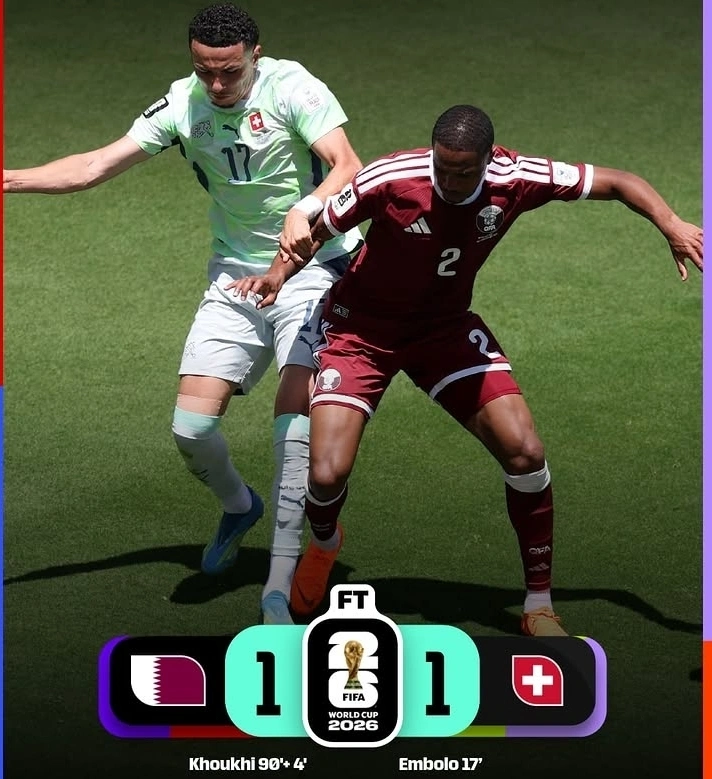 Pertandingan Tim nasional Qatar vs Tim nasional Swiss di Grup B Piala Dunia FIFA 2026 berakhir 1-1. Gol injury time Boualem Khoukhi menyelamatkan Qatar dan mencatat sejarah poin pertama mereka di Piala Dunia.