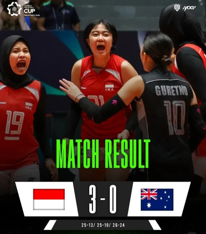 Timnas Voli Putri Indonesia menutup AVC Women's Cup 2026 dengan kemenangan 3-0 atas Australia di Hanoi, Vietnam, Minggu (15/6/2026). Srikandi Merah Putih finis di peringkat kelima turnamen.