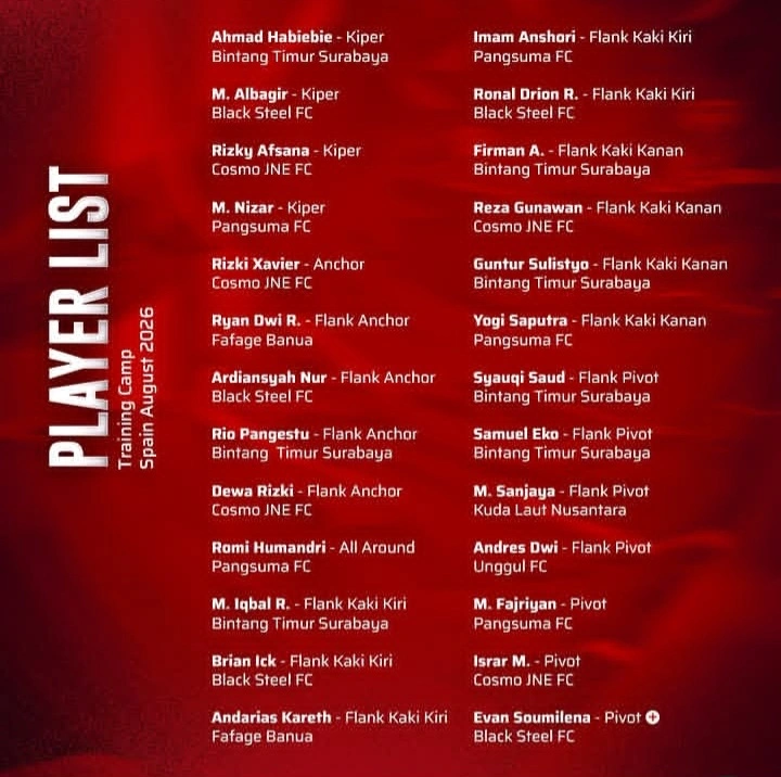 Timnas Futsal Indonesia merilis long list training camp Spanyol Agustus 2026 dan akan uji coba melawan Palma Futsal, Noia Portus Apostoli, serta O Parrulo Ferrol FS.