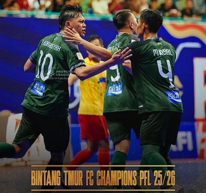 Bintang Timur Surabaya juara PFL 2025/2026 setelah mengalahkan Cosmo JNE Jakarta 4-3 pada grand final di GOR UNY Jogja, 14 Juni 2026.