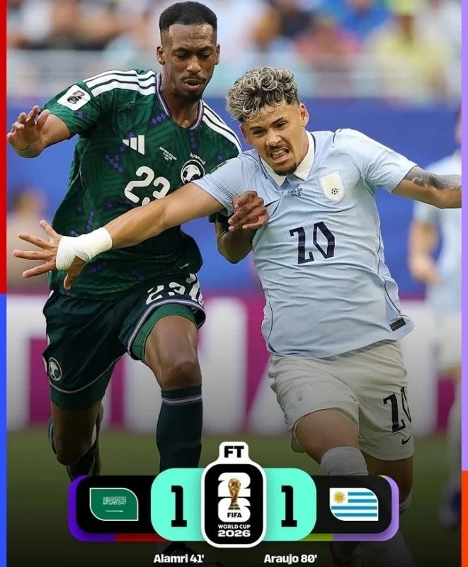 Uruguay ditahan Arab Saudi 1-1 pada laga Piala Dunia 2026 di Miami Stadium. Mohammed Al-Owais tampil gemilang dengan sembilan penyelamatan, sementara Maxi Araujo menyelamatkan Uruguay dari kekalahan.