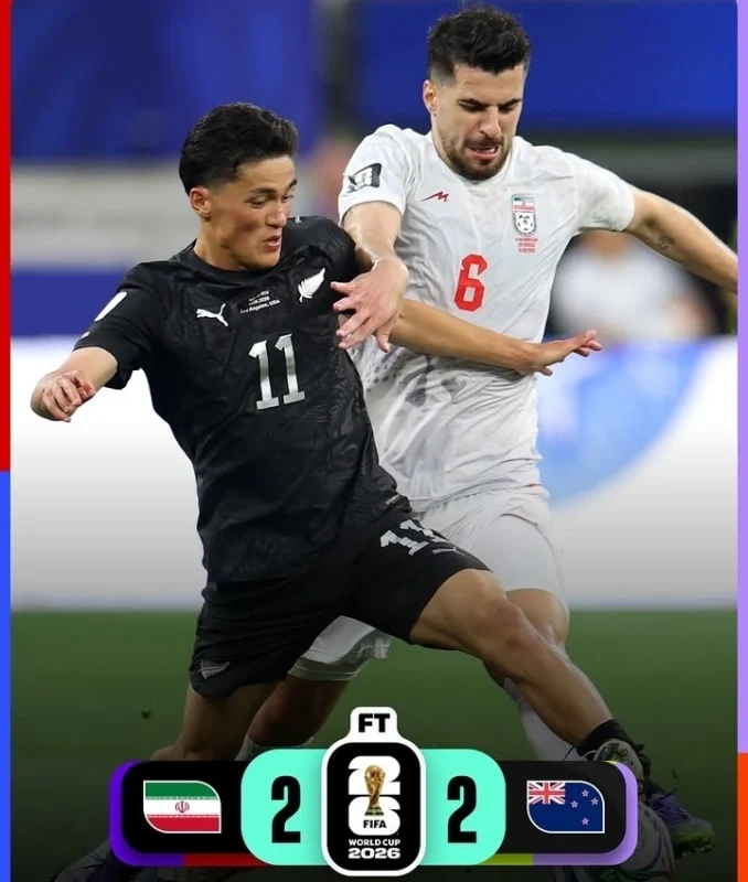 Iran dan Selandia Baru bermain imbang 2-2 di Grup G Piala Dunia 2026. Elijah Just mencetak dua gol, tetapi Iran membalas lewat Ramin Rezaeian dan Mohammad Mohebbi.  