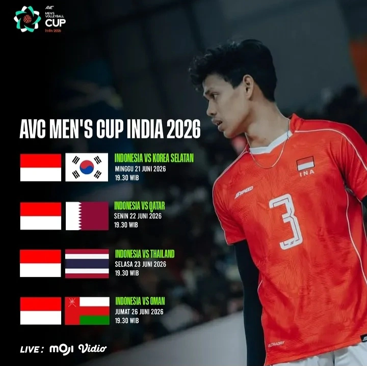 Jadwal Timnas voli putra Indonesia di AVC Men’s Cup 2026 dimulai melawan Korea Selatan, lalu Qatar, Thailand, dan Oman.