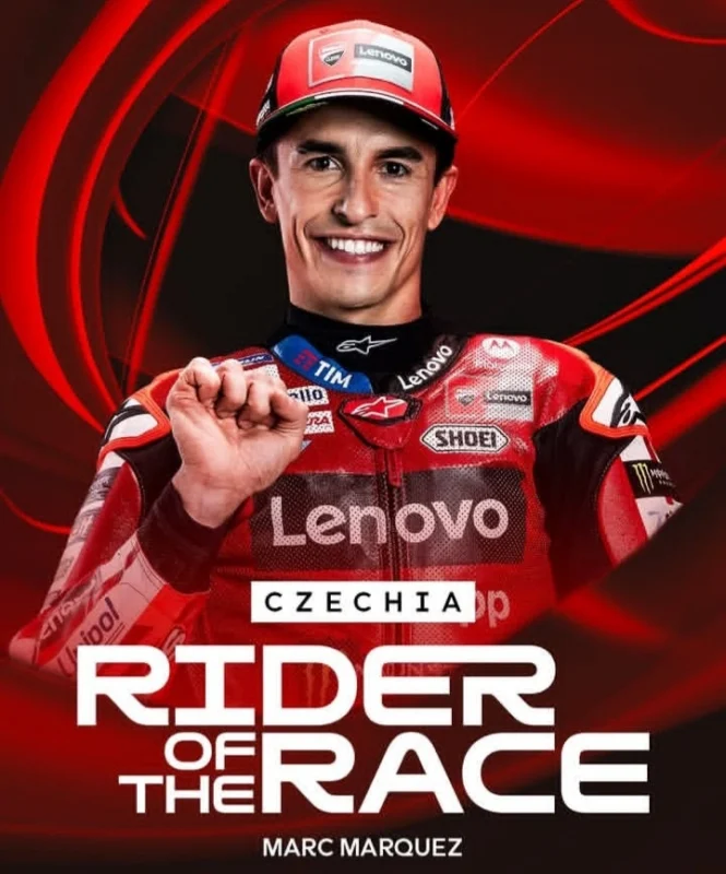 Marc Márquez tampil luar biasa di MotoGP GP Ceko 2026 di Sirkuit Brno, Republik Ceko, pada 21 Juni 2026. Ia meraih gelar Rider of the Race setelah comeback impresif dari barisan tengah.