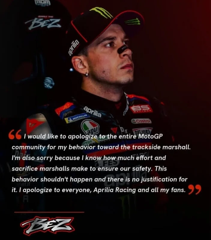 Marco Bezzecchi dijatuhi larangan balapan di MotoGP GP Ceko 2026 setelah insiden dengan marshal di Brno. FIM menolak banding Aprilia Racing atas kasus tersebut.