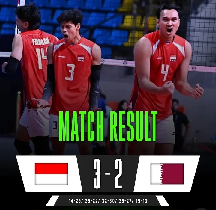 Timnas Voli Putra Indonesia menang dramatis 3-2 atas Qatar di AVC Men’s Volleyball Cup 2026 di India lewat pertarungan lima set sengit Pool B.