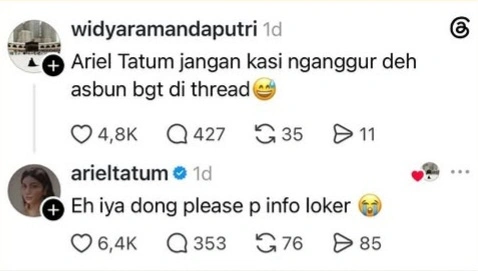 Aksi Ariel Tatum di Threads viral setelah membalas berbagai unggahan netizen dengan gaya “asbun” dan kocak, mulai dari rekomendasi film hingga sindiran isu sosial.