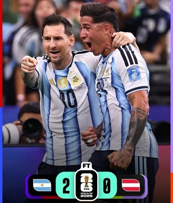 Argentina mengalahkan Austria 2-0 di Piala Dunia 2026. Lionel Messi mencetak dua gol sekaligus memecahkan rekor top skor sepanjang masa Piala Dunia.