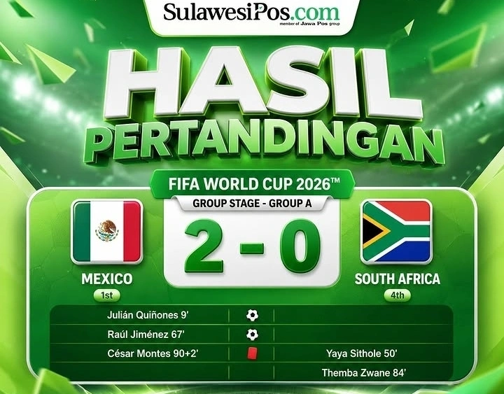 Meksiko sukses mengalahkan Afrika Selatan 2-0 pada laga pembuka Grup A Piala Dunia 2026, Jumat (12/6/2026) pagi WIB. Julián Quiñones dan Raúl Jiménez menjadi pencetak gol kemenangan El Tri.
