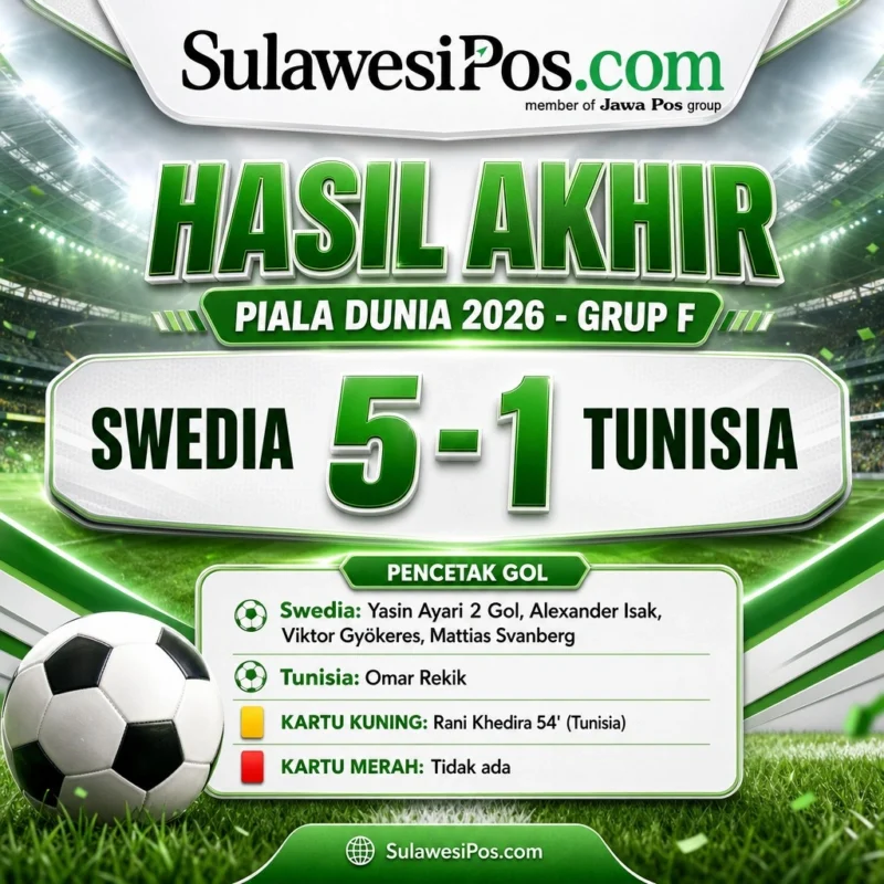 Swedia menang telak 5-1 atas Tunisia di Grup F Piala Dunia 2026. Yasin Ayari mencetak dua gol, disusul Alexander Isak, Viktor Gyökeres, dan Mattias Svanberg.