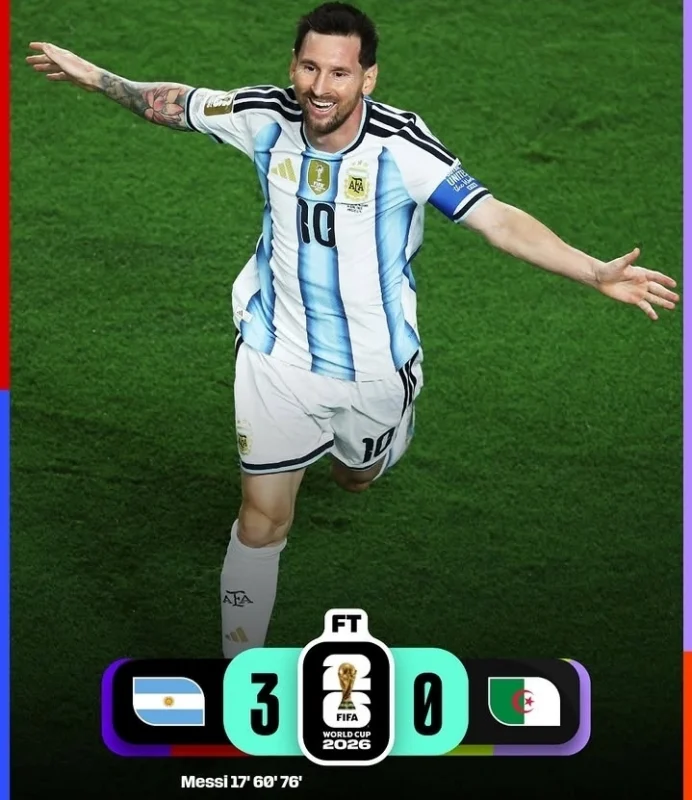 Messi mencetak hattrick saat Argentina menang 3-0 atas Aljazair dan menyamai rekor 16 gol Miroslav Klose di Piala Dunia.