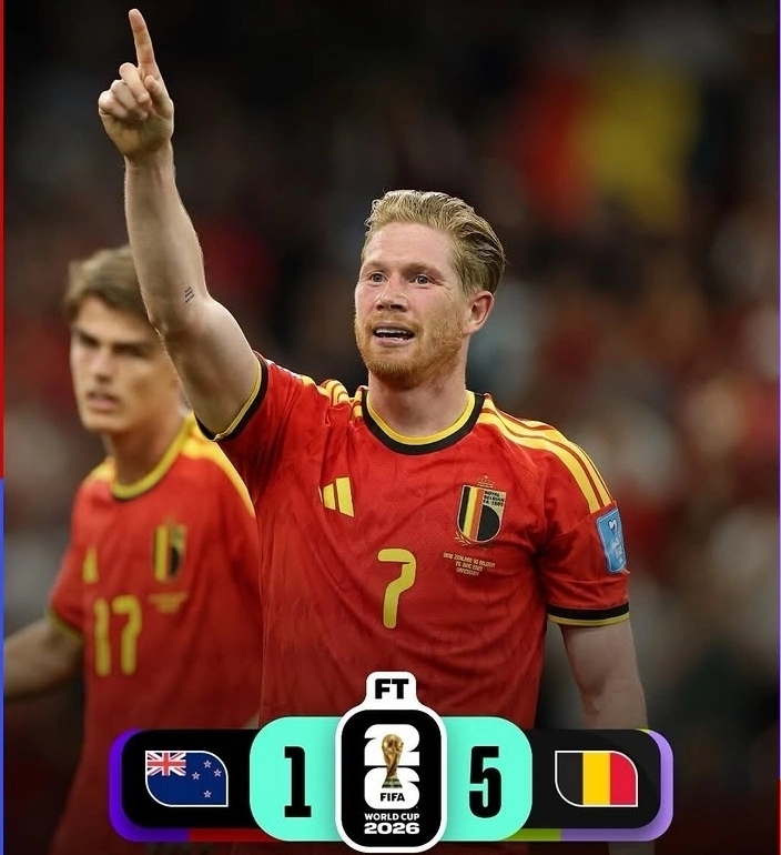 Pemain Belgia merayakan kemenangan 5-1 atas Selandia Baru pada laga Grup G Piala Dunia FIFA 2026 di BC Place Stadium, Vancouver.