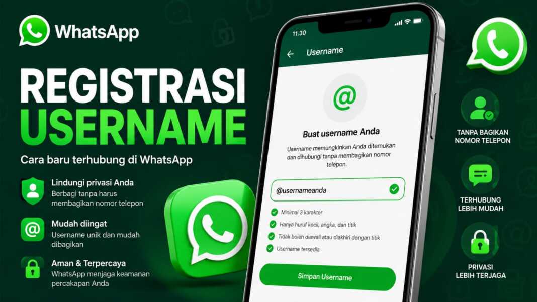 Ilustrasi registrasi username WhatsApp pada layar ponsel dengan penjelasan privasi nomor telepon