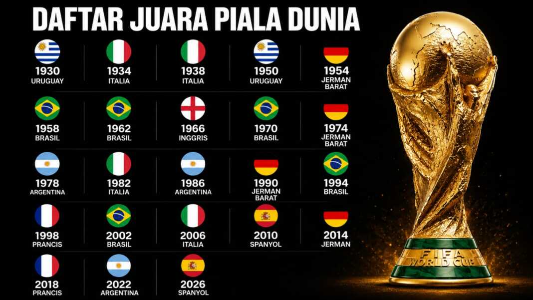 Infografik daftar juara Piala Dunia 1930-2026 dengan Spanyol sebagai juara terbaru.