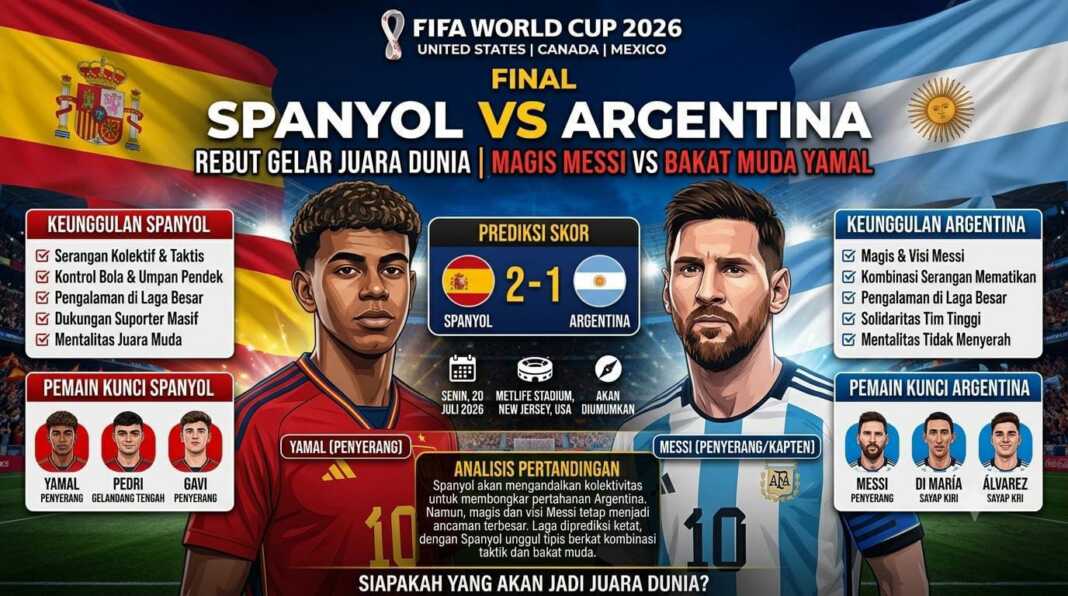 Ilustrasi final Piala Dunia 2026 antara Spanyol dan Argentina dengan sorotan Lionel Messi dan Lamine Yamal.