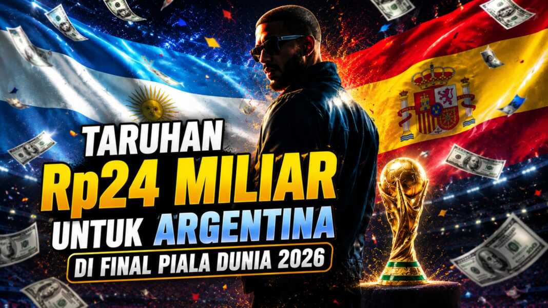 Visual Drake dengan bendera Argentina dan Spanyol untuk ilustrasi taruhan final Piala Dunia 2026.