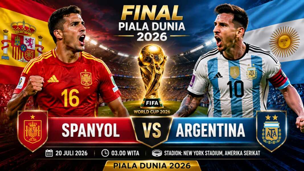 Grafis final Piala Dunia 2026 yang menampilkan duel Spanyol vs Argentina dengan jadwal 20 Juli 2026 pukul 03.00 Wita.