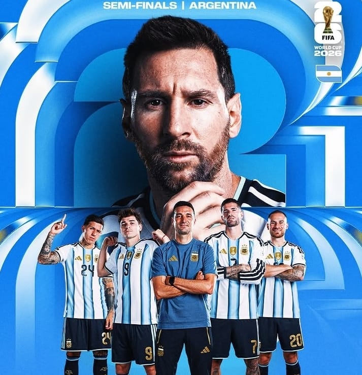 Lionel Messi dan para pemain Argentina dalam poster semifinal Piala Dunia 2026 setelah kemenangan atas Swiss.