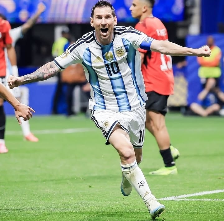 Lionel Messi merayakan gol untuk Argentina saat menghadapi Mesir di Piala Dunia 2026