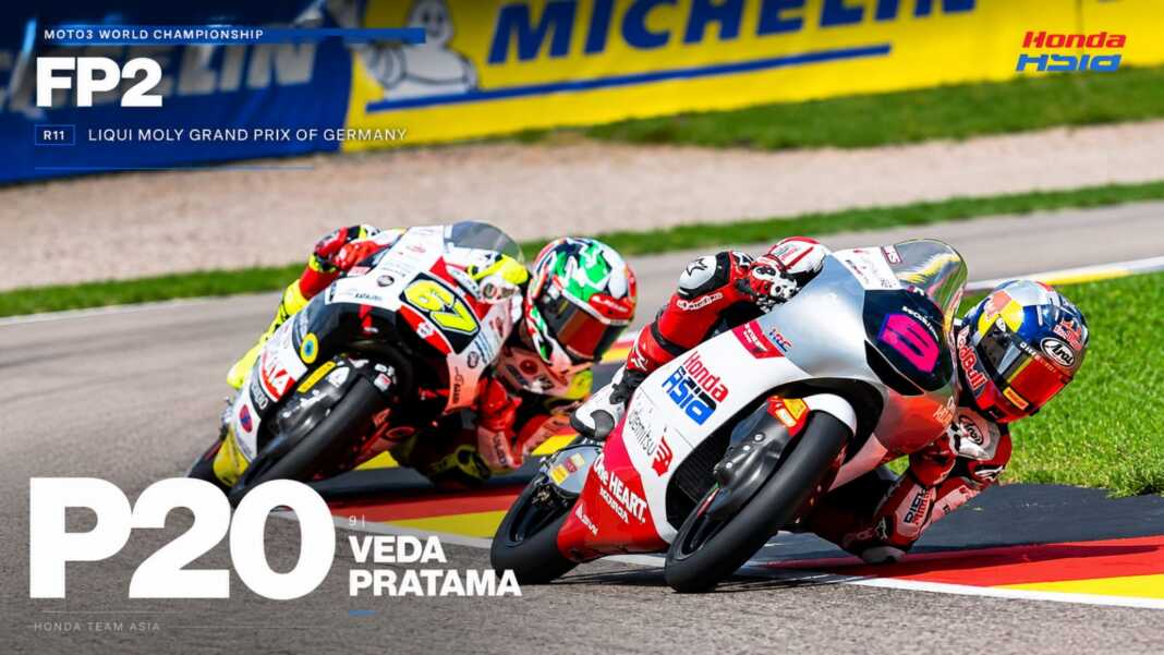 Grafis resmi Honda Team Asia yang menunjukkan Veda Pratama finis posisi 20 pada FP2 Moto3 Jerman 2026 di Sachsenring.