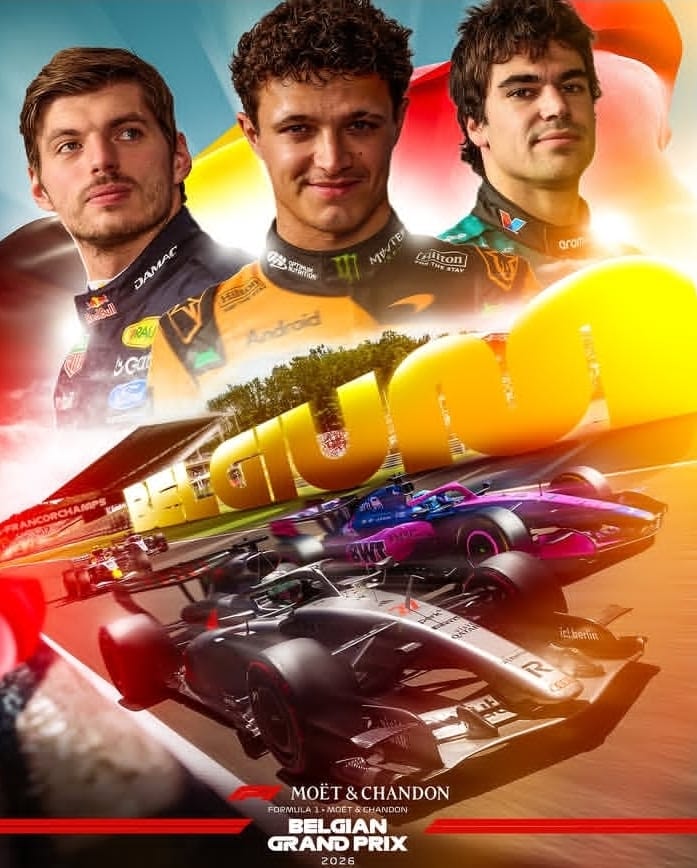 Poster F1 Belgian Grand Prix 2026 di Spa-Francorchamps dengan sorotan pada Lando Norris, Max Verstappen, dan Oscar Piastri.