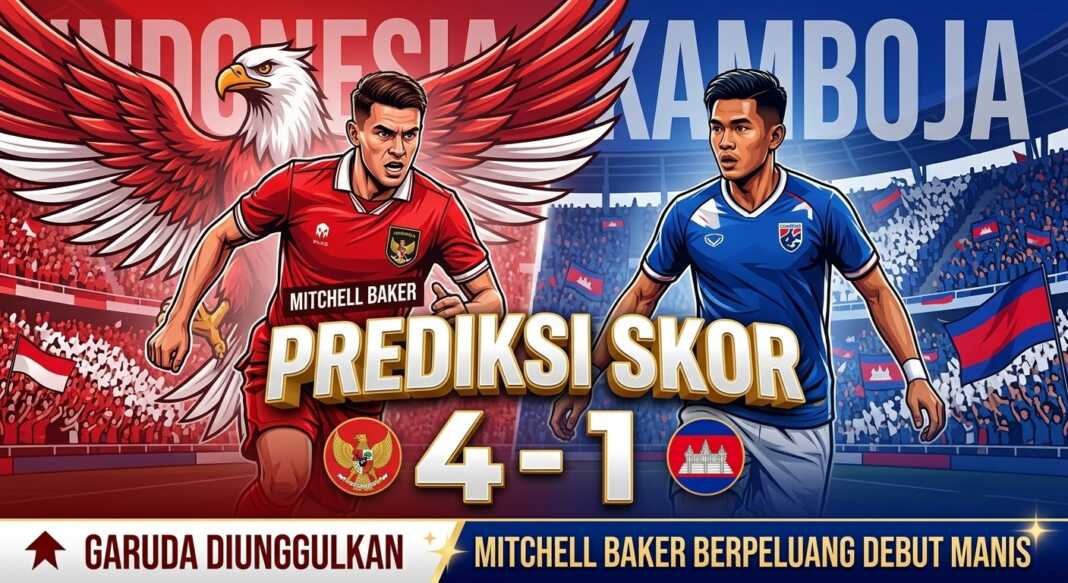Poster prediksi skor Indonesia vs Kamboja jelang laga pembuka Piala AFF 2026.