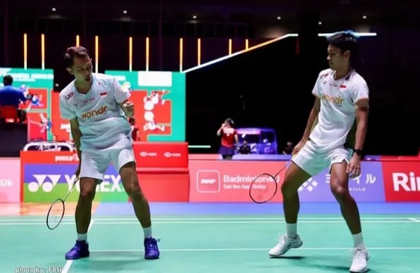 Fajar Alfian dan Muhammad Shohibul Fikri saat bertanding pada Japan Open 2026.