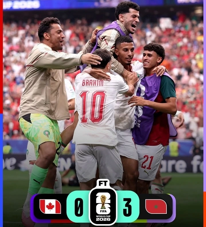 Pemain Maroko merayakan kemenangan 3-0 atas Kanada pada babak 16 besar Piala Dunia 2026