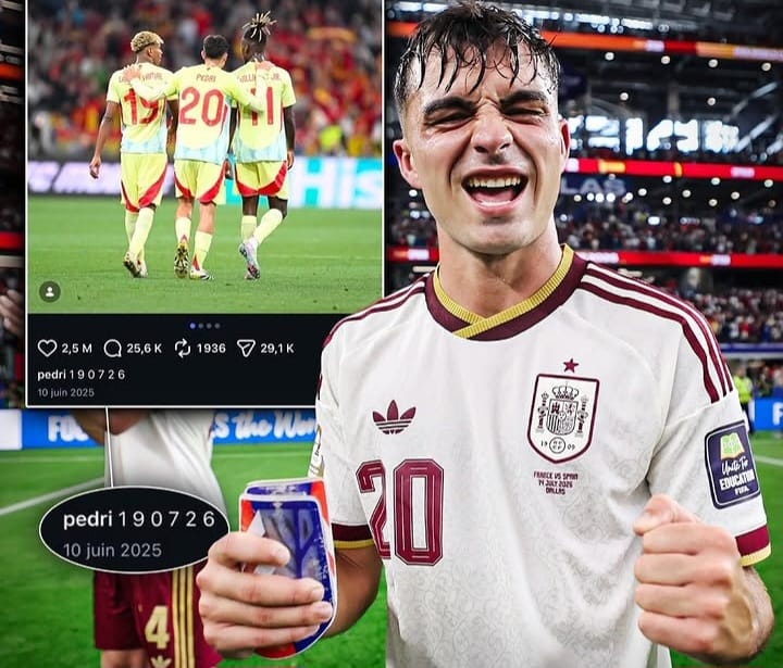 Kolase Pedri dan tangkapan layar unggahan Instagram bertuliskan 190726 yang kembali viral usai Spanyol lolos ke final Piala Dunia 2026.