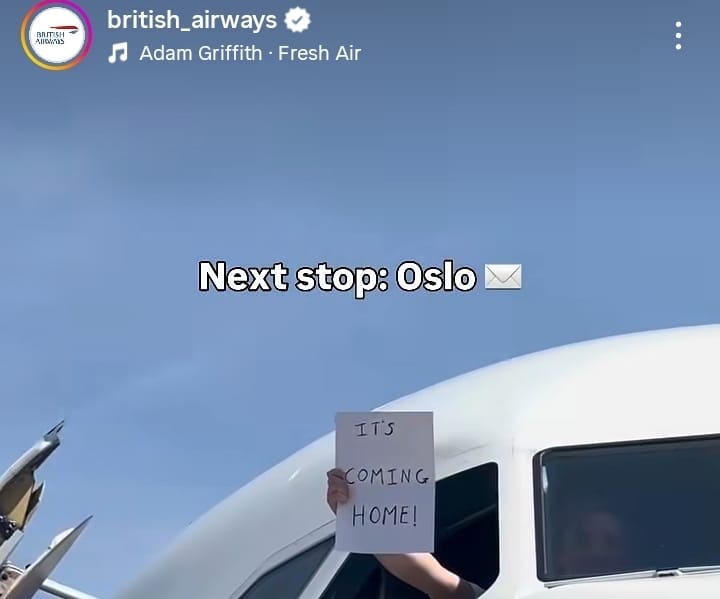 Screenshot akun British Airways dengan teks Next stop: Oslo jelang laga Norwegia vs Inggris di Piala Dunia 2026.