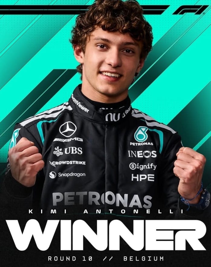 Poster kemenangan Kimi Antonelli dari unggahan resmi F1 usai GP Belgia 2026