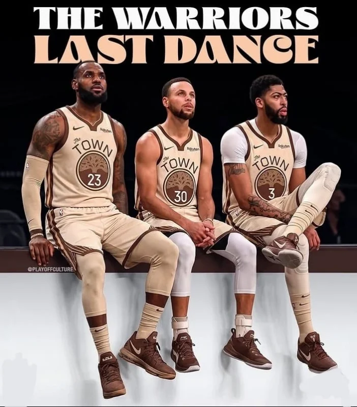 Ilustrasi rumor LeBron James, Stephen Curry, dan Anthony Davis dalam skenario supertim Golden State Warriors