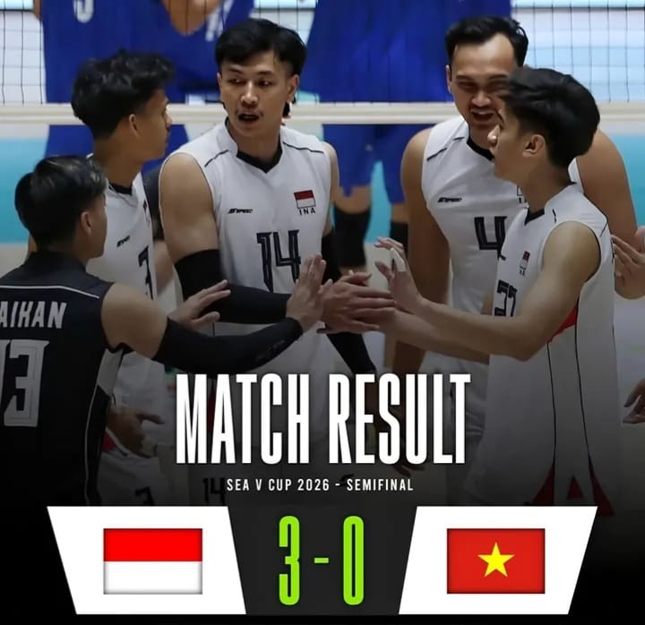 Screenshot hasil semifinal Indonesia vs Vietnam SEA V Cup 2026 yang memastikan Merah Putih melaju ke final.