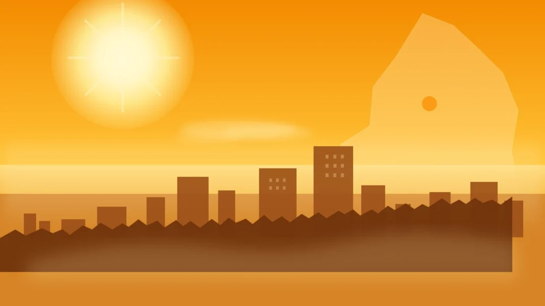 Ilustrasi cuaca panas ekstrem di Makassar dengan matahari terik dan siluet kota.