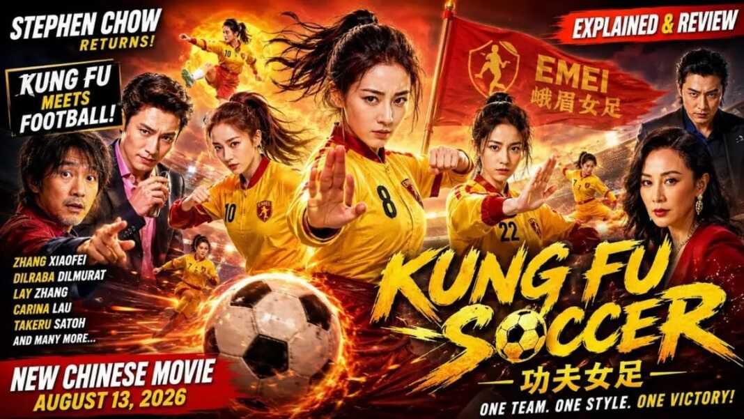 Poster film Kung Fu Soccer yang menampilkan para pemain utama dalam nuansa aksi-komedi sepak bola.