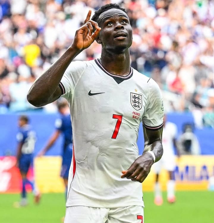 Bukayo Saka saat membela Inggris dalam laga perebutan tempat ketiga Piala Dunia 2026 melawan Prancis.